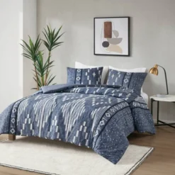 Inari Cotton Printed Duvet Cover Set With Trims Indigo Blue - Ink+Ivy