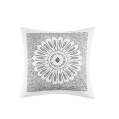 Cotton Embroidered Decorative Square Pillow Grey 20x20"