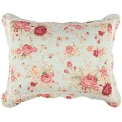 Greenland Home Antique Rose Floral Pinstripe With Dainty Scrolling Embellishments Sham Standard Blue